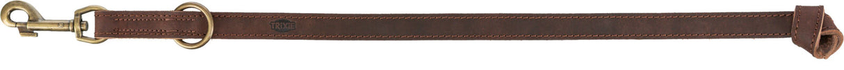 Brauner Leder-Gürtel mit Metallschnalle und Logo "TRIXIE", sichtbare Nähte entlang der Kanten.