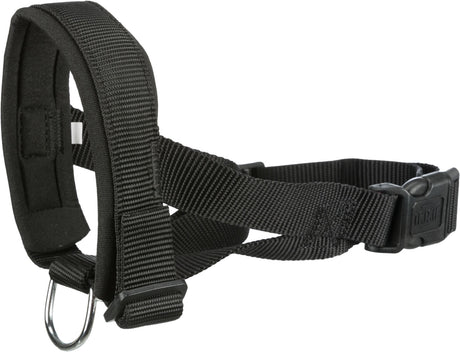 Schwarzes Hundegeschirr mit verstellbaren Riemen und Metallring, geeignet für verschiedene Hundegrößen.