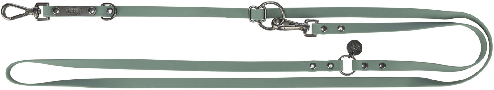 Grüne Hundeleine mit Metallbeschlägen, Ringen und Karabinern, aufgedruckter Schriftzug "TRIXIE".