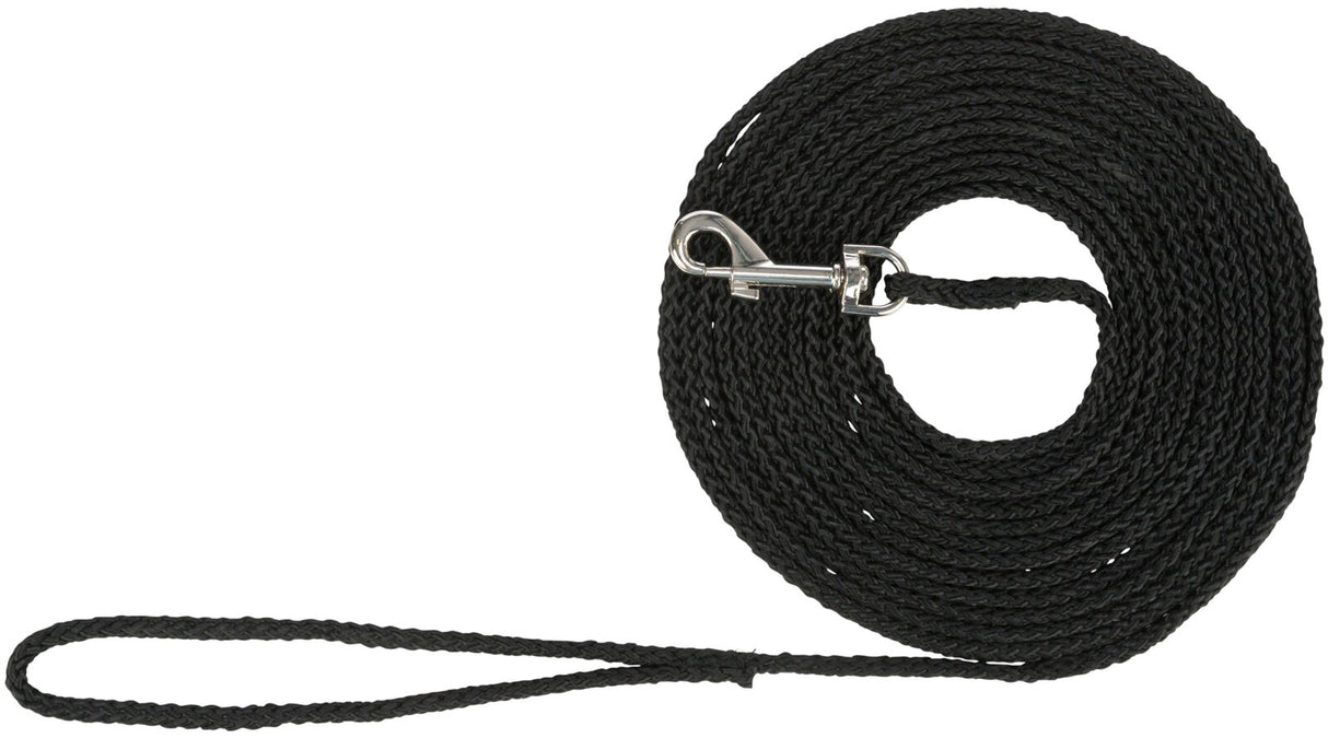 Schwarze, geflochtene Leine mit silbernem Karabinerhaken, aufgerollt liegend.