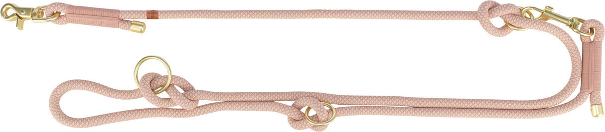 Rosa Hundeleine aus geflochtenem Seil mit goldfarbenen Karabinern und Ringen, Knoten entlang der Leine.
