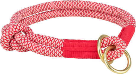 Rotes und weißes, gemustertes Seil mit Knoten, bestehend aus zwei goldenen Metallringen.