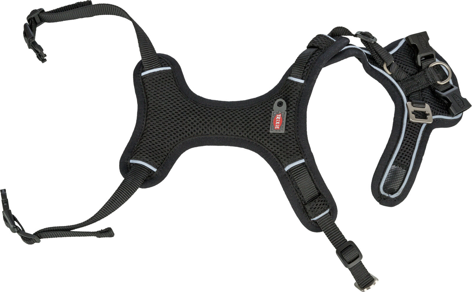 Schwarzes Hundegeschirr mit Netzstoff, silbernen Schnallen und blauen Ziernähten, Etikett mit Logo sichtbar.