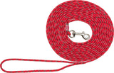Rote Hundeleine mit Metallhaken und Handschlaufe, Text "TRIXIE" auf Etikett, sichtbares Muster.