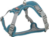 Blaues und graues Hundegeschirr mit verstellbaren Gurten und D-Ring aus Metall.