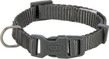Grauer, verstellbarer Hundehalsband aus Textil mit Schnalle und Ring, Markenname auf der Schnalle sichtbar.