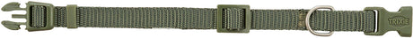 Grünes einstellbares Nylon-Halsband mit Klickverschluss und Metallring.