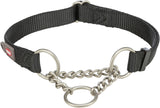 Schwarzes Hundehalsband mit Kette, bestehend aus Nylon und silbernen Metallringen, einfaches Design.