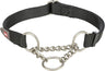 Schwarzes Hundehalsband mit Kette, bestehend aus Nylon und silbernen Metallringen, einfaches Design.