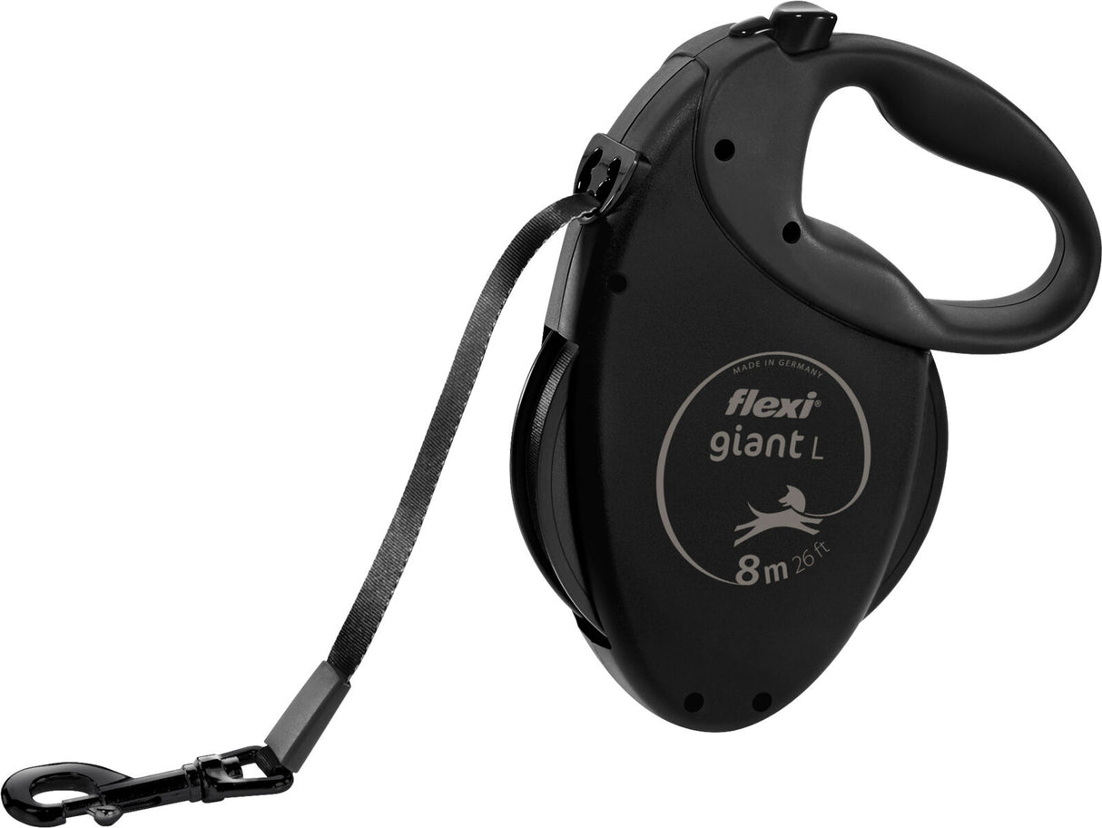 Schwarze, ausziehbare Hundeleine mit ergonomischem Griff und bedrucktem Text "flexi giant L 8m 26ft".