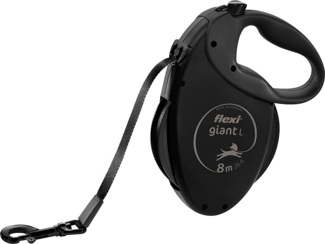 Schwarze, ausziehbare Hundeleine mit ergonomischem Griff und bedrucktem Text "flexi giant L 8m 26ft".
