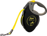Schwarze Hundeleine mit grauem Griff und gelbem Band, Text "flexi giant S/M 8m 26 ft" auf Vorderseite.