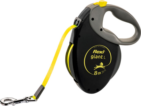 Schwarze Hundeleine mit gelbem Band und ergonomischem Griff, Aufdruck "flexi giant L 8m 26ft".