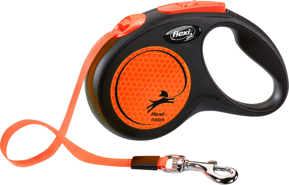 Schwarze Hundeleine mit reflektierender neonorangefarbener Fläche und einem Metallkarabinerhaken.