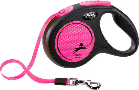 Schwarze Hundeleine mit pinkem Gehäuse und pinker Seilführung, Flexi-Logo sichtbar, Clip am Ende.