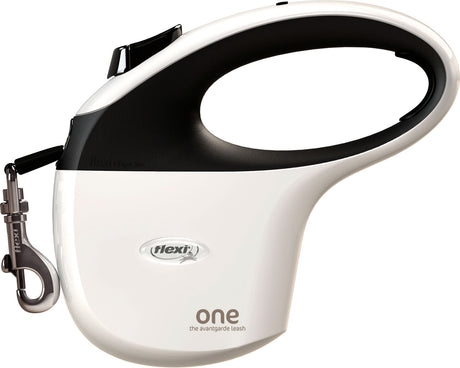 Erweiterbare Hundeleine in Weiß und Schwarz mit ergonomischem Griff und silbernem Karabinerhaken, "flexi" Logo sichtbar.