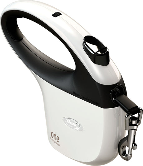 Schwarzes und weißes, ergonomisch geformtes Hundeleinen-Gehäuse mit Haken, flexi Logo sichtbar.