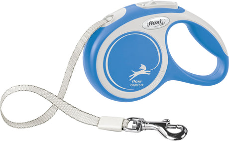 Blaue, ergonomische Hundeleine mit grauem Gurtband und silbernem Karabinerhaken, "flexi Comfort" Aufdruck.