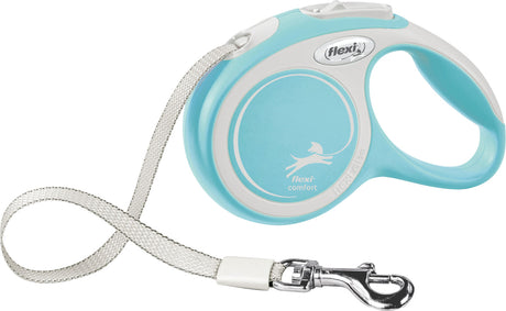 Automatische Hundeleine in Hellblau und Weiß mit Metallkarabiner und Flexi-Logo auf dem Griff.