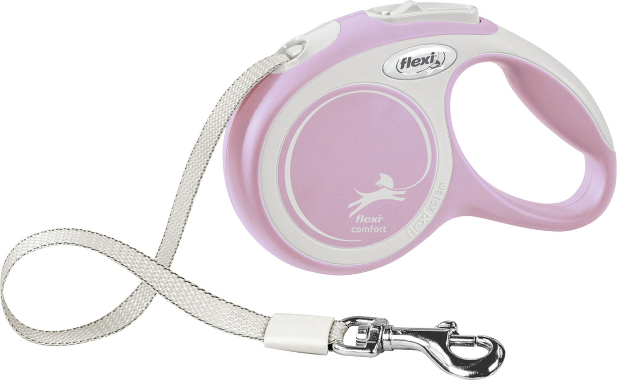 Rosa und weißer Flexi-Rollleine für Hunde mit Leine und verchromtem Karabinerhaken.