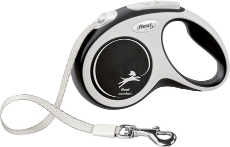 Schwarze und weiße Hundeleine mit Griff und ausziehbarem Gurt, darauf das Logo "flexi comfort".