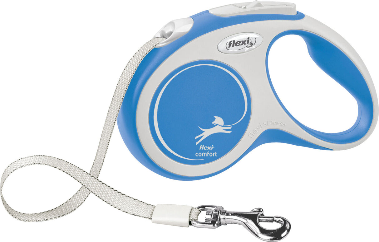 Blaue und weiße Rollleine mit Aufdruck "flexi comfort" und silbernem Karabinerhaken, geeignet für Hunde.