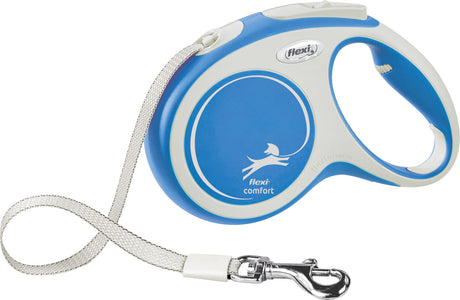 Blaue und weiße Rollleine mit ergonomischem Griff und silberfarbenem Karabinerhaken, Text "flexi comfort".