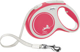 Rosa und weißes Flexi-Hundeleinen mit ergonomischem Griff und abnehmbarer Metall-Karabinerhaken.