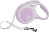 Rosa und weiße ausziehbare Hundeleine mit Metallhaken, Griff und Sichtbarkeitstext "flexi comfort".