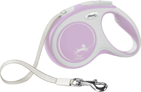 Rosa und weiße ausziehbare Hundeleine mit Metallhaken, Griff und Sichtbarkeitstext "flexi comfort".