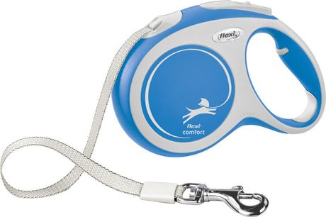 Blaue Rollleine mit weißem Griff und silbernem Haken, Hundesymbol und Text "flexi comfort" sichtbar.