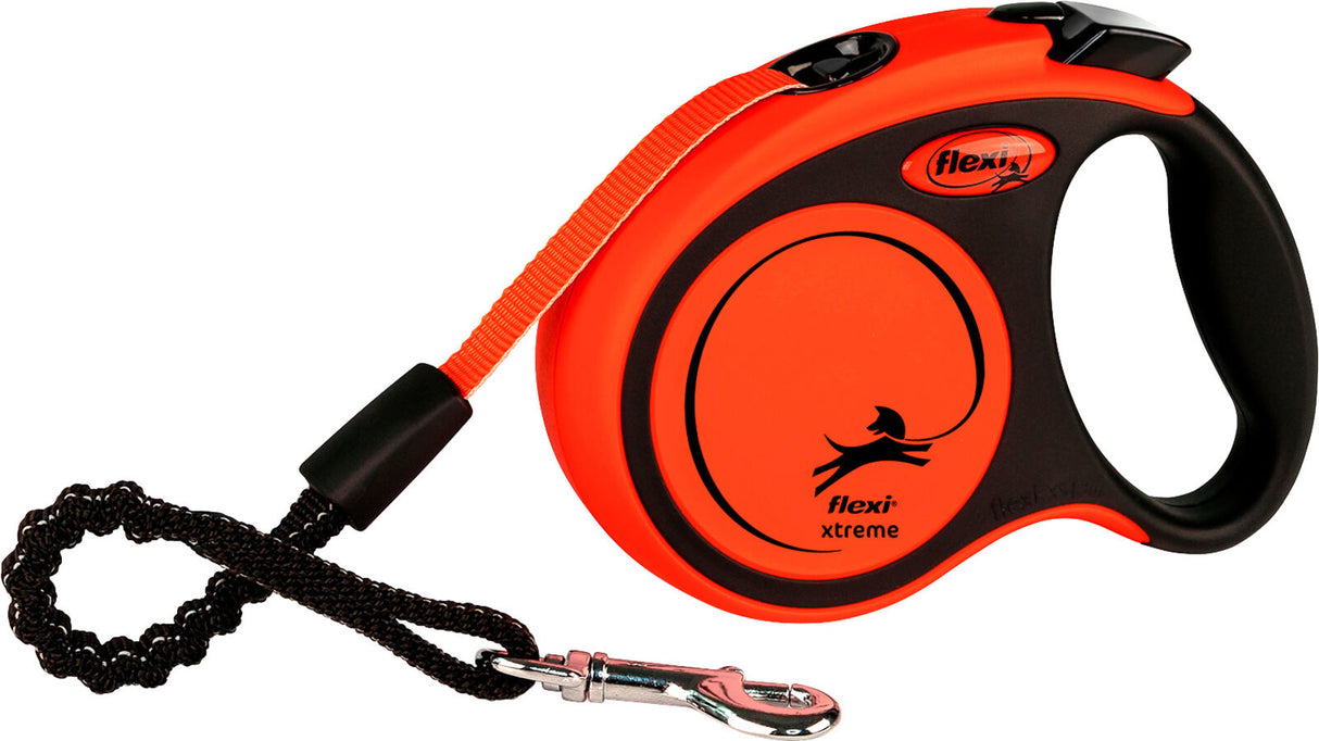 Orange und schwarze Hundeleine mit Griff und silbernem Karabinerhaken, textfrei mit Flexi-Logo.