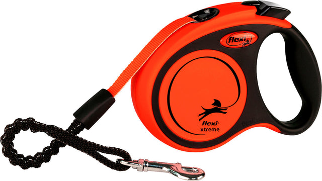 Orange und schwarze Hundeleine mit Griff und silbernem Karabinerhaken, textfrei mit Flexi-Logo.