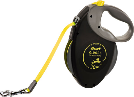 Erweiterbare Hundeleine mit grauem Griff und gelbem Band, Text: "flexi giant L professional 10 m 33 ft".