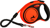 Orange und schwarze Hunde-Rollleine mit Griff und silbernem Karabinerhaken, Text "flexi xtreme".