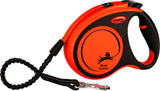 Orange und schwarze Hundeleine mit Griff, Aufrollmechanismus und silbernem Karabinerhaken, flexi-Logo sichtbar.