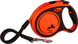 Orange und schwarze Rollleine mit ergonomischem Griff und silbernem Karabinerhaken; Text: "flexi xtreme".