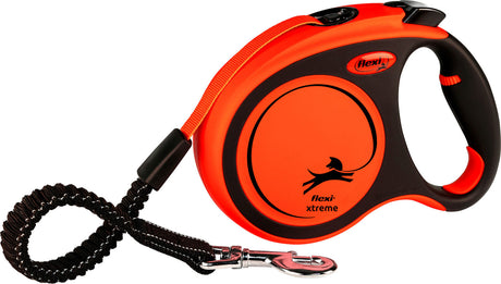 Orange und schwarze Rollleine mit ergonomischem Griff und silbernem Karabinerhaken; Text: "flexi xtreme".