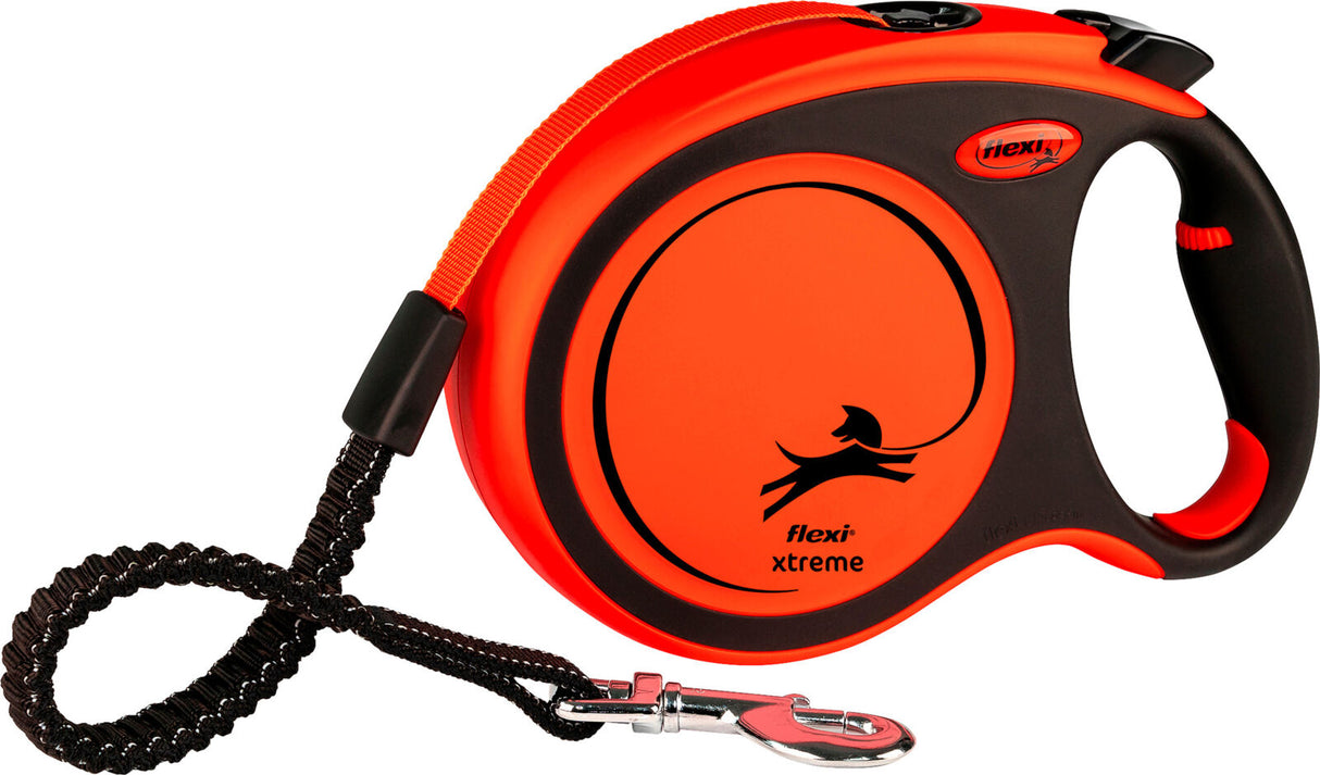 Orange Hundeleine mit schwarzem Griff und Klemmmechanismus, schwarzer Hundesilhouette und Text "flexi xtreme" auf der Leine.