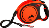 Orange Hundeleine mit schwarzem Griff und Klemmmechanismus, schwarzer Hundesilhouette und Text "flexi xtreme" auf der Leine.