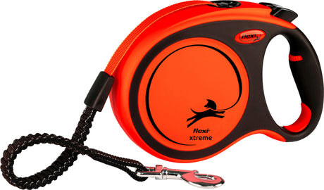 Orange Hundeleine mit schwarzem Griff und Klemmmechanismus, schwarzer Hundesilhouette und Text "flexi xtreme" auf der Leine.