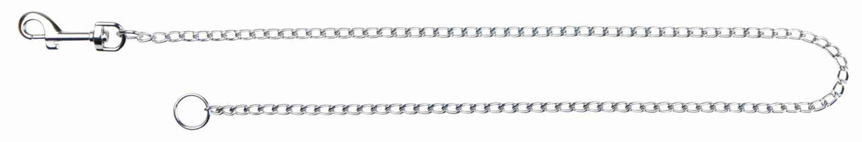 Silberfarbene Metallkette mit einem Karabinerhaken auf der linken und einem Ring auf der rechten Seite.