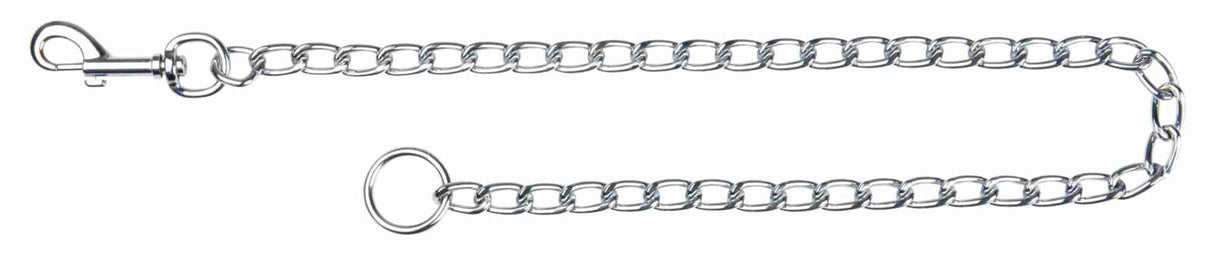 Metallkette aus verchromten Gliedern mit Karabinerhaken an einem Ende und rundem Ring am anderen.