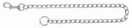 Metallkette aus verchromten Gliedern mit Karabinerhaken an einem Ende und rundem Ring am anderen.