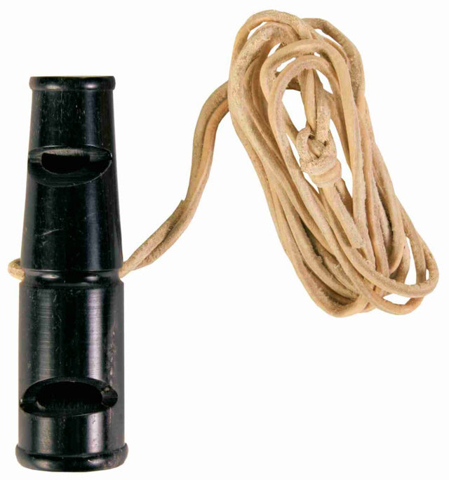 Schwarze Pfeife mit beige Lederband.
