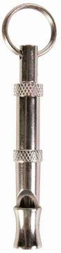 Silberfarbene Metallpfeife mit Ring und geriffeltem Griffbereich.