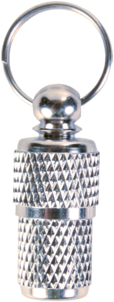 Metallanhänger mit strukturiertem Griff und rundem Ring aus glänzendem silberfarbenem Material.