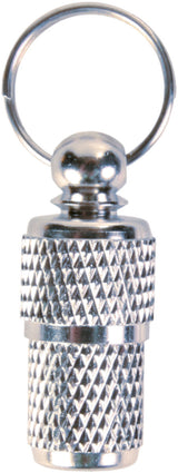 Metallanhänger mit strukturiertem Griff und rundem Ring aus glänzendem silberfarbenem Material.