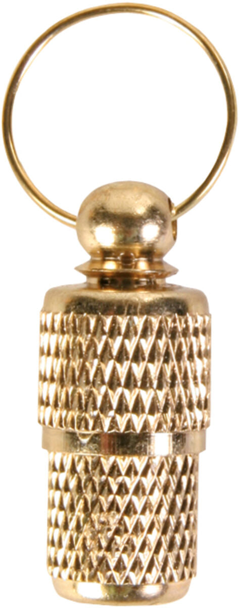 Metallanhänger mit Kappe in goldener Farbe und geriffeltem Muster sowie einem Ring an der Oberseite.