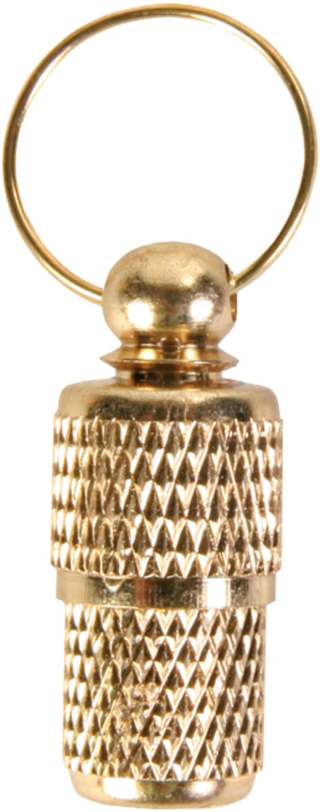Metallanhänger mit Kappe in goldener Farbe und geriffeltem Muster sowie einem Ring an der Oberseite.